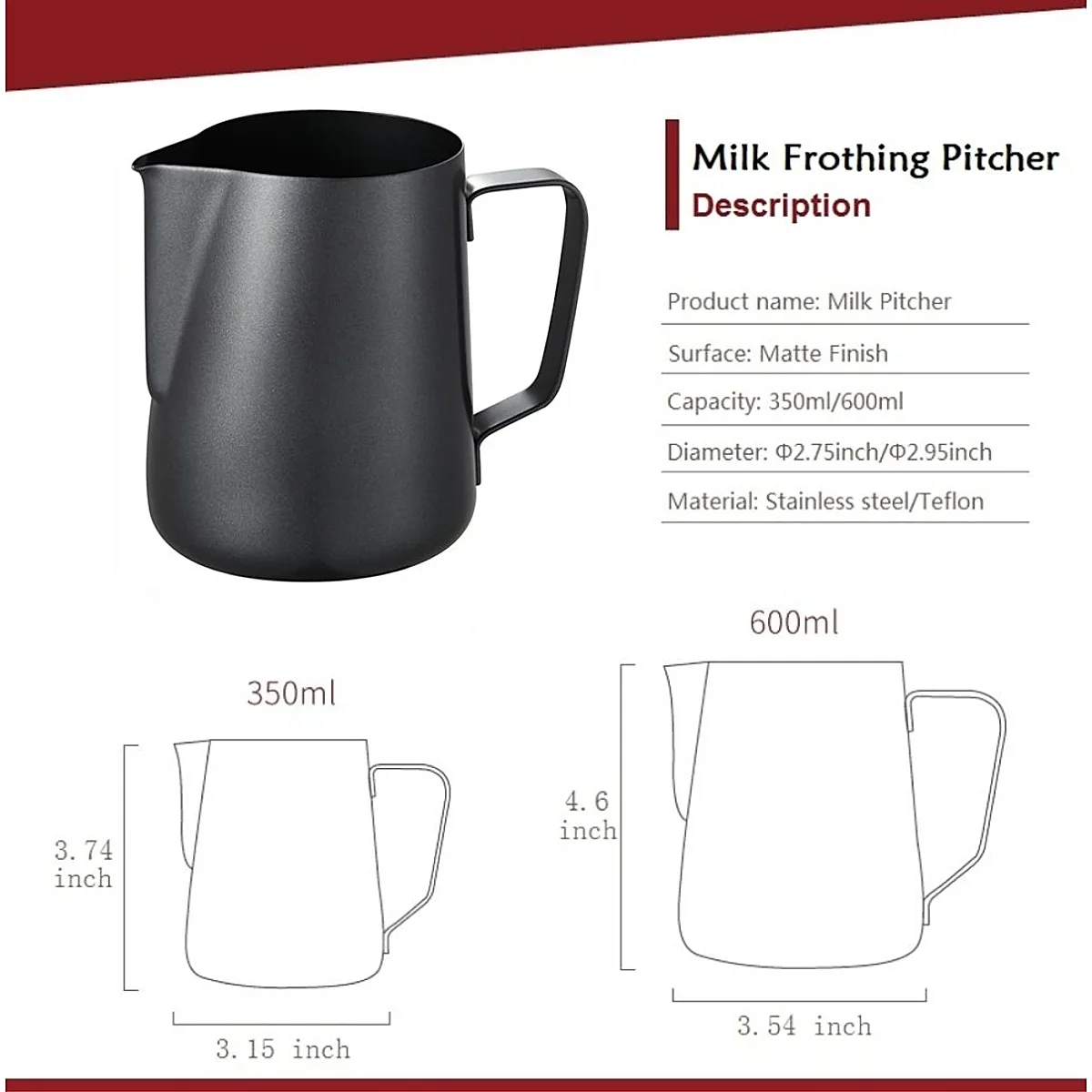 Stainless Steel Milk Frothing Jar - 350 Ml, Matte - Image 3