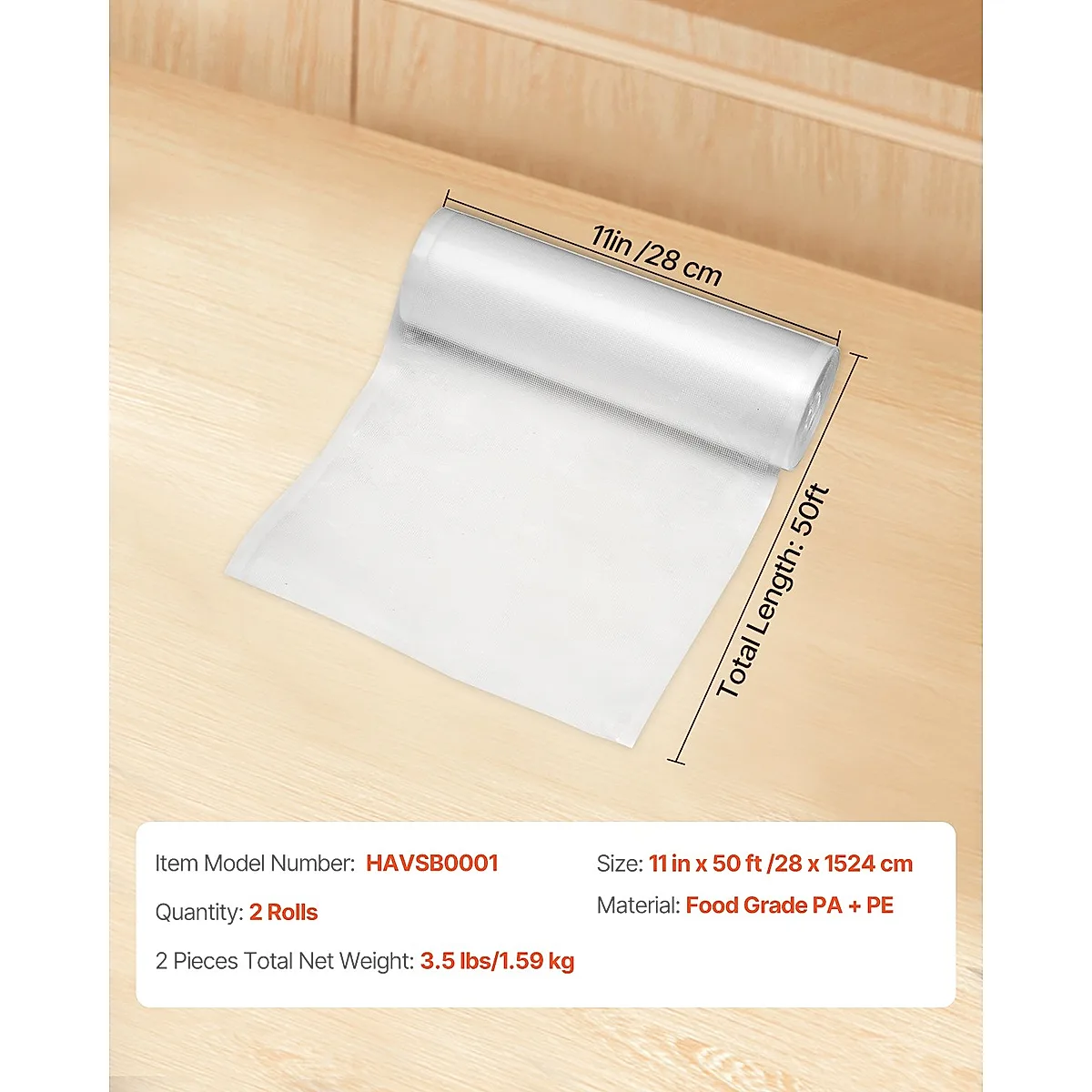 Vacuum Sealer Bags 2 Rolls 11 In X 50 Ft Non-BPA Food Grade Sealing Storage Bag