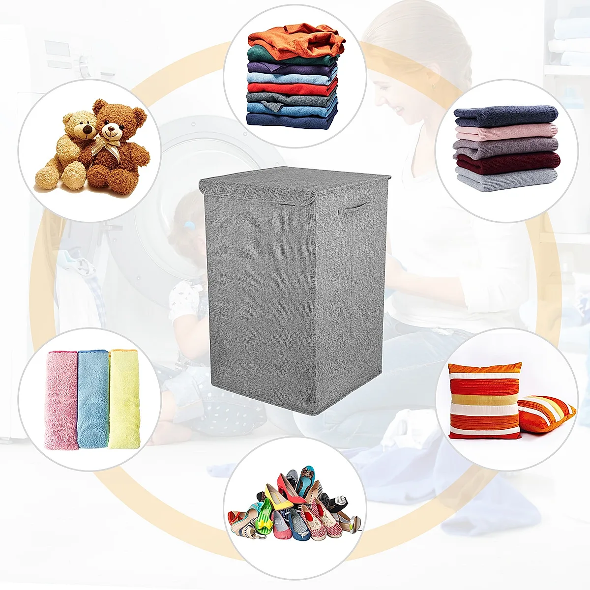 1Pc Foldable Laundry Hampers Washing Clothes Laundry Basket With Lid Handles Storage Organizer - Image 7