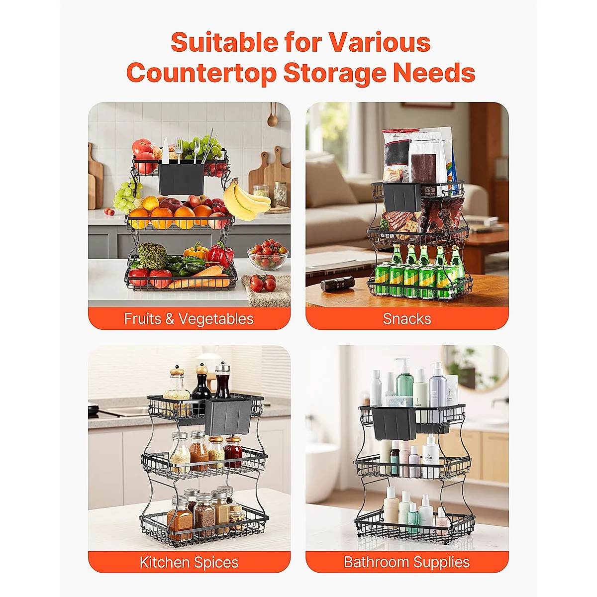 3 Tier Fruit Basket Bowl Kitchen Countertop Storage Stand Holder Banana Hanger