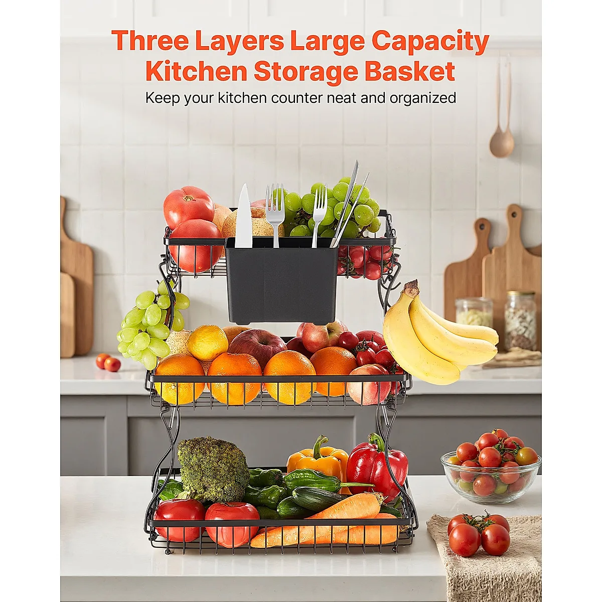 3 Tier Fruit Basket Bowl Kitchen Countertop Storage Stand Holder Banana Hanger - Image 4
