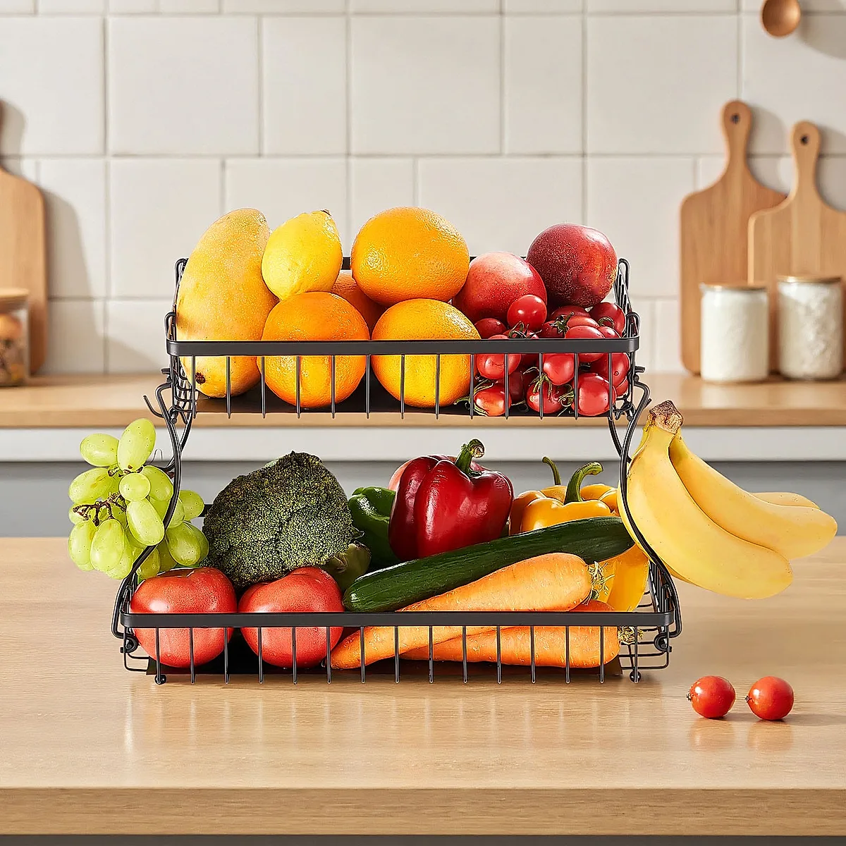2 Tier Fruit Basket Bowl Kitchen Countertop Storage Stand Holder Banana Hanger - Image 2