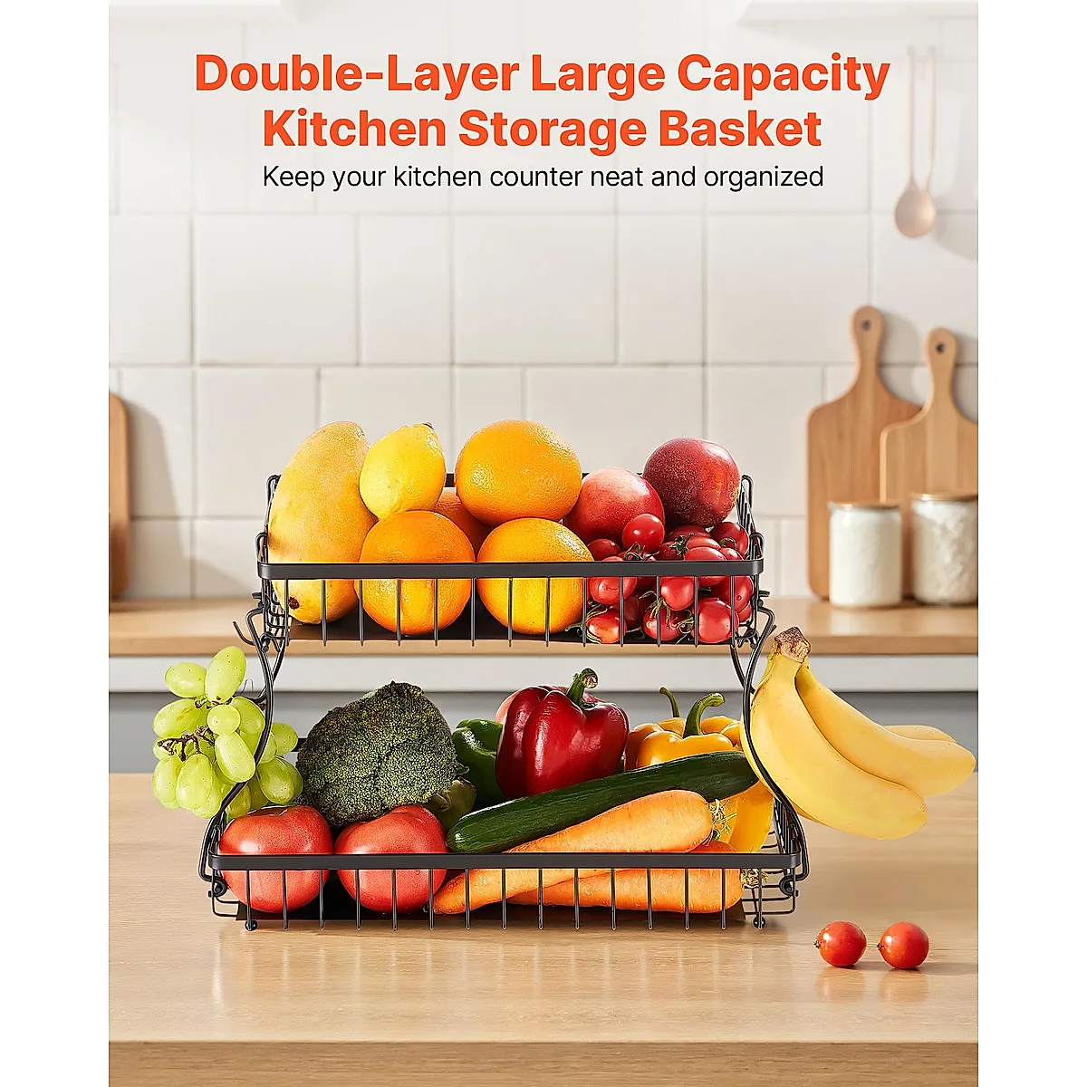 2 Tier Fruit Basket Bowl Kitchen Countertop Storage Stand Holder Banana Hanger - Image 4