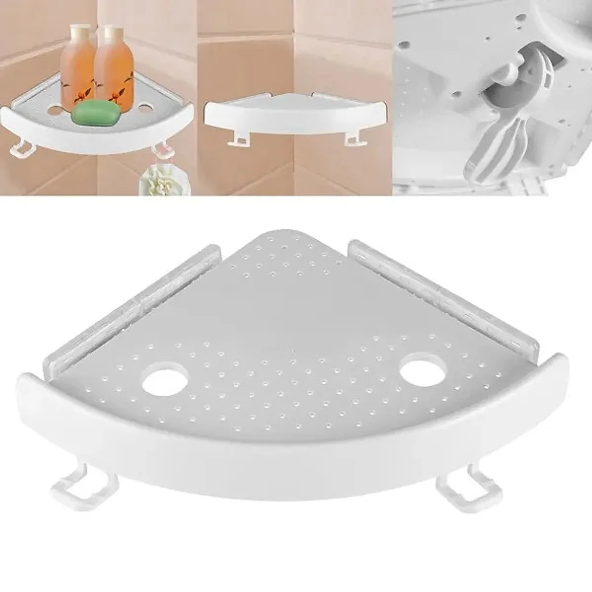 Bathroom Wall Corner Shelf Organizer  Kitchen Corner Storage Rack Non-Marking Shelf With Hooks