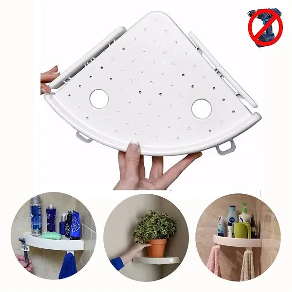 Bathroom Wall Corner Shelf Organizer  Kitchen Corner Storage Rack Non-Marking Shelf With Hooks - Image 4