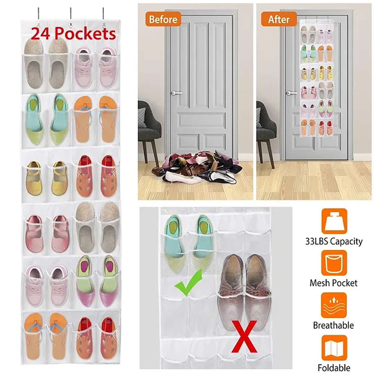 1Pc Over The Door Shoes Rack 24-Pocket Crystal Clear Organizer - Image 3
