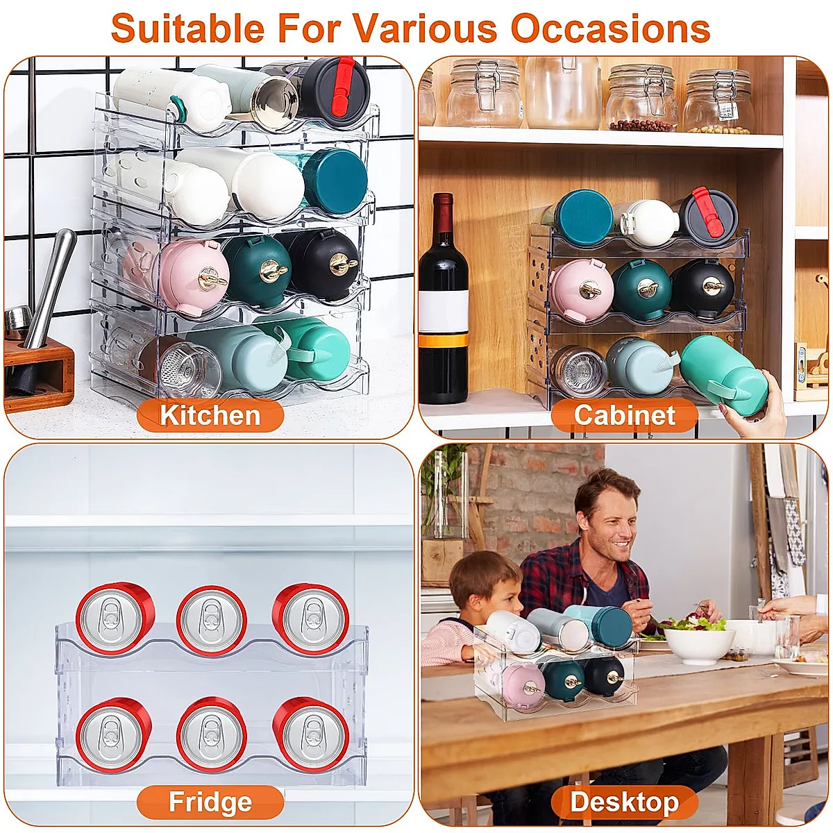 1Pc 4 Tier Bottle Storage Holder 12 Bottles Transparent Stackable Bottle Organizer Standing Drink Holder Shelf For Kitchen Fridge Cabinet Pantry