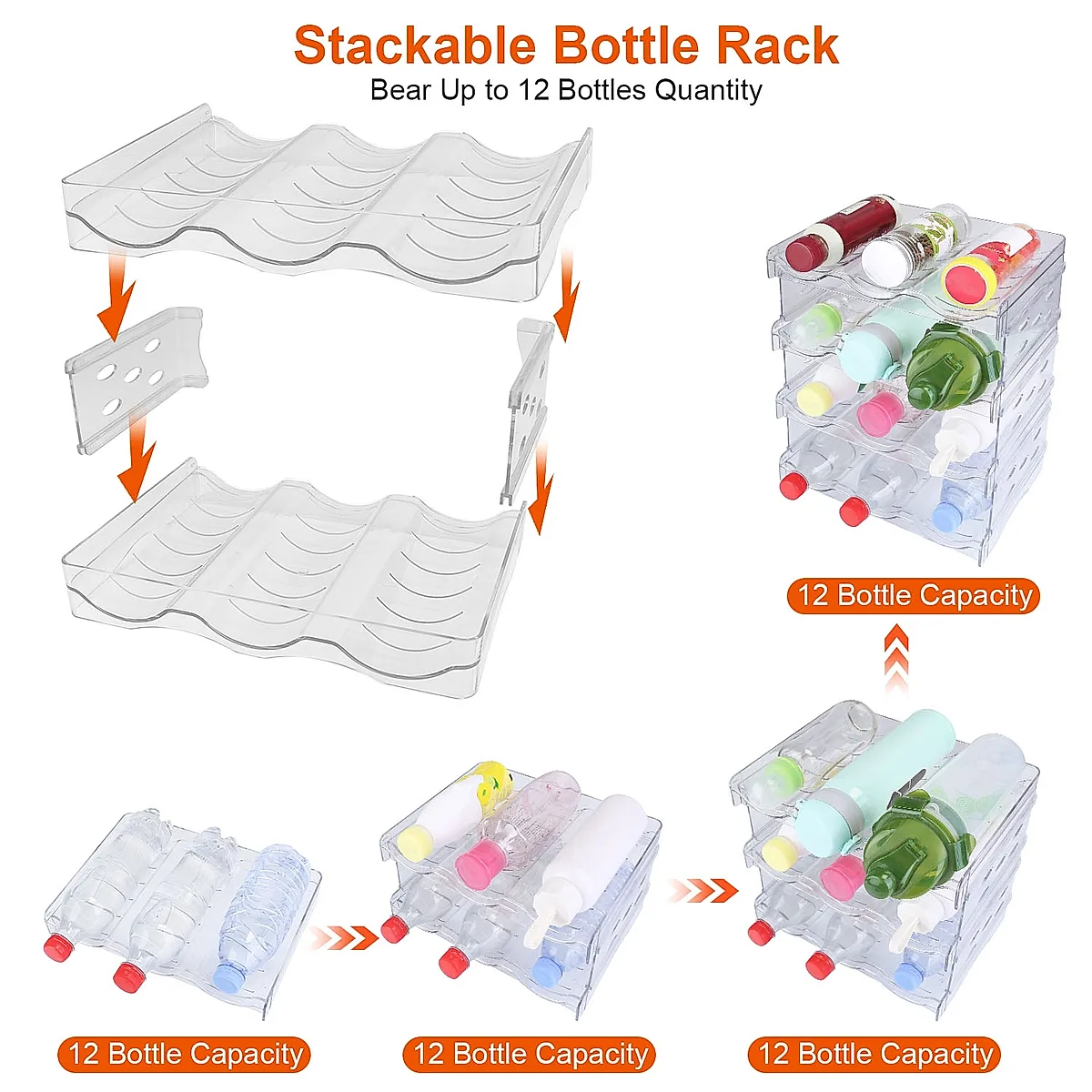 1Pc 4 Tier Bottle Storage Holder 12 Bottles Transparent Stackable Bottle Organizer Standing Drink Holder Shelf For Kitchen Fridge Cabinet Pantry - Image 7