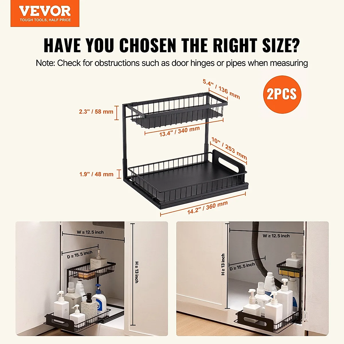 2-Tier 10.7"W X 14.2"D Pull Out Cabinet Under Sink Organizer 10.7"x14.2" Drawer Basket, 12.5"Wx15.5"Dx13"H Install Size For Cabinet
