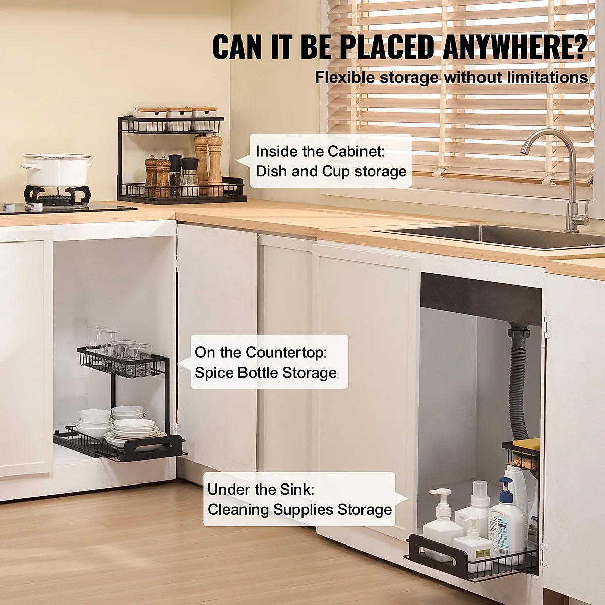 2-Tier 10.7"W X 14.2"D Pull Out Cabinet Under Sink Organizer 10.7"x14.2" Drawer Basket, 12.5"Wx15.5"Dx13"H Install Size For Cabinet - Image 4