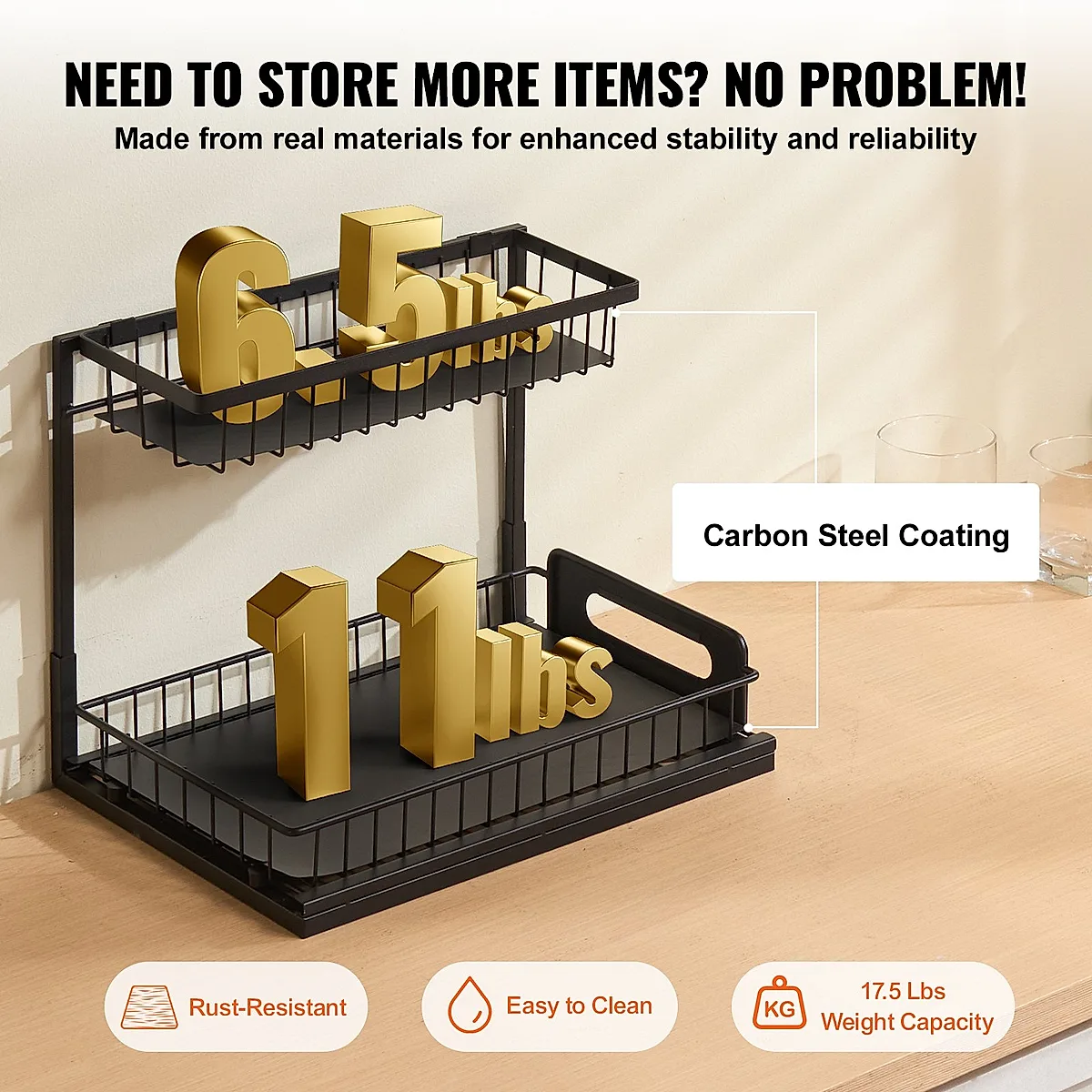 2-Tier 10.7"W X 14.2"D Pull Out Cabinet Under Sink Organizer 10.7"x14.2" Drawer Basket, 12.5"Wx15.5"Dx13"H Install Size For Cabinet - Image 5