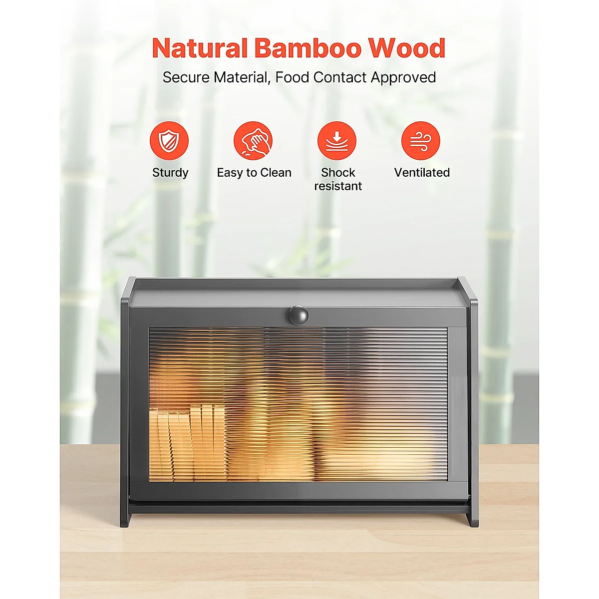 Bread Box For Kitchen Counter Large Capacity Bamboo Storage Container Black