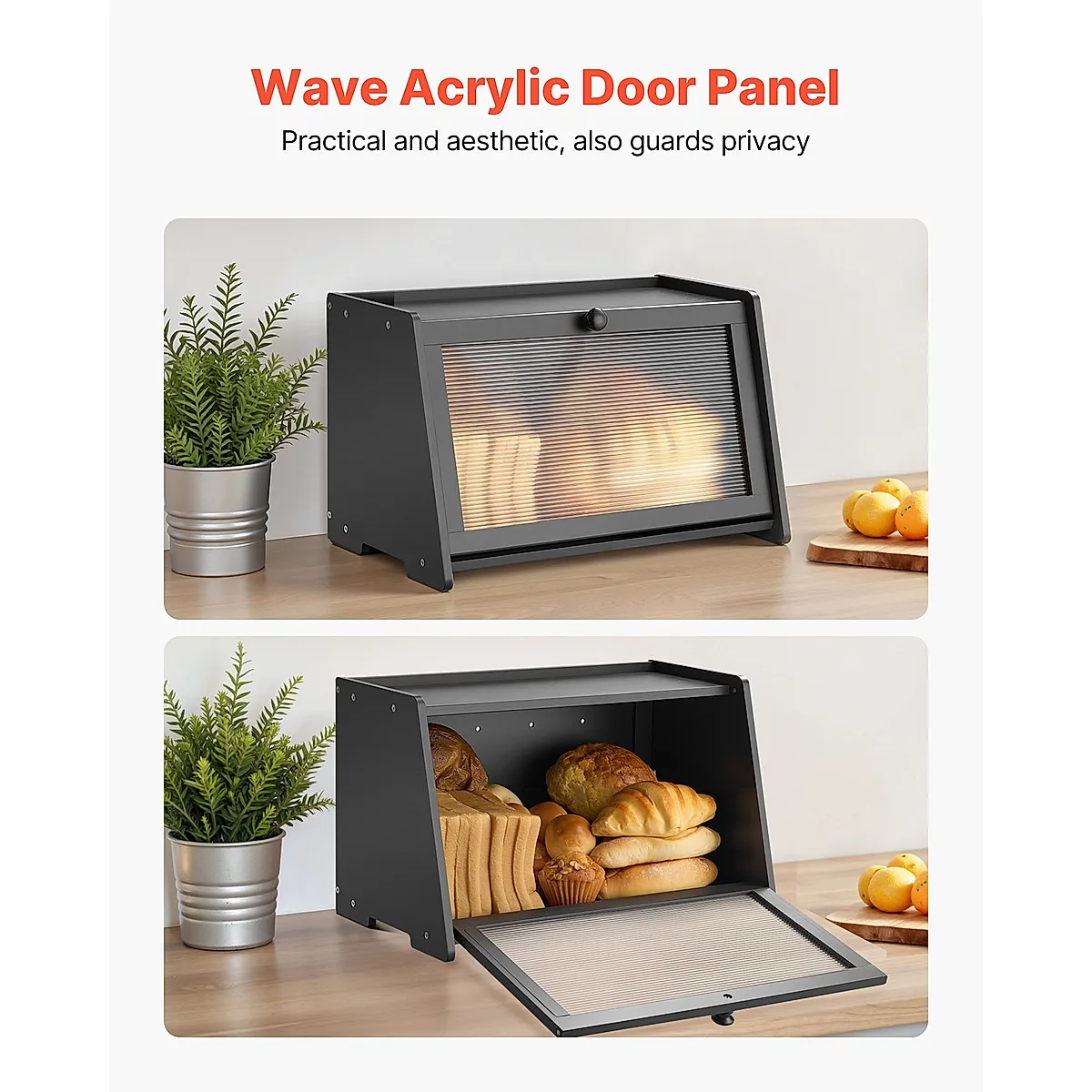 Bread Box For Kitchen Counter Large Capacity Bamboo Storage Container Black - Image 2
