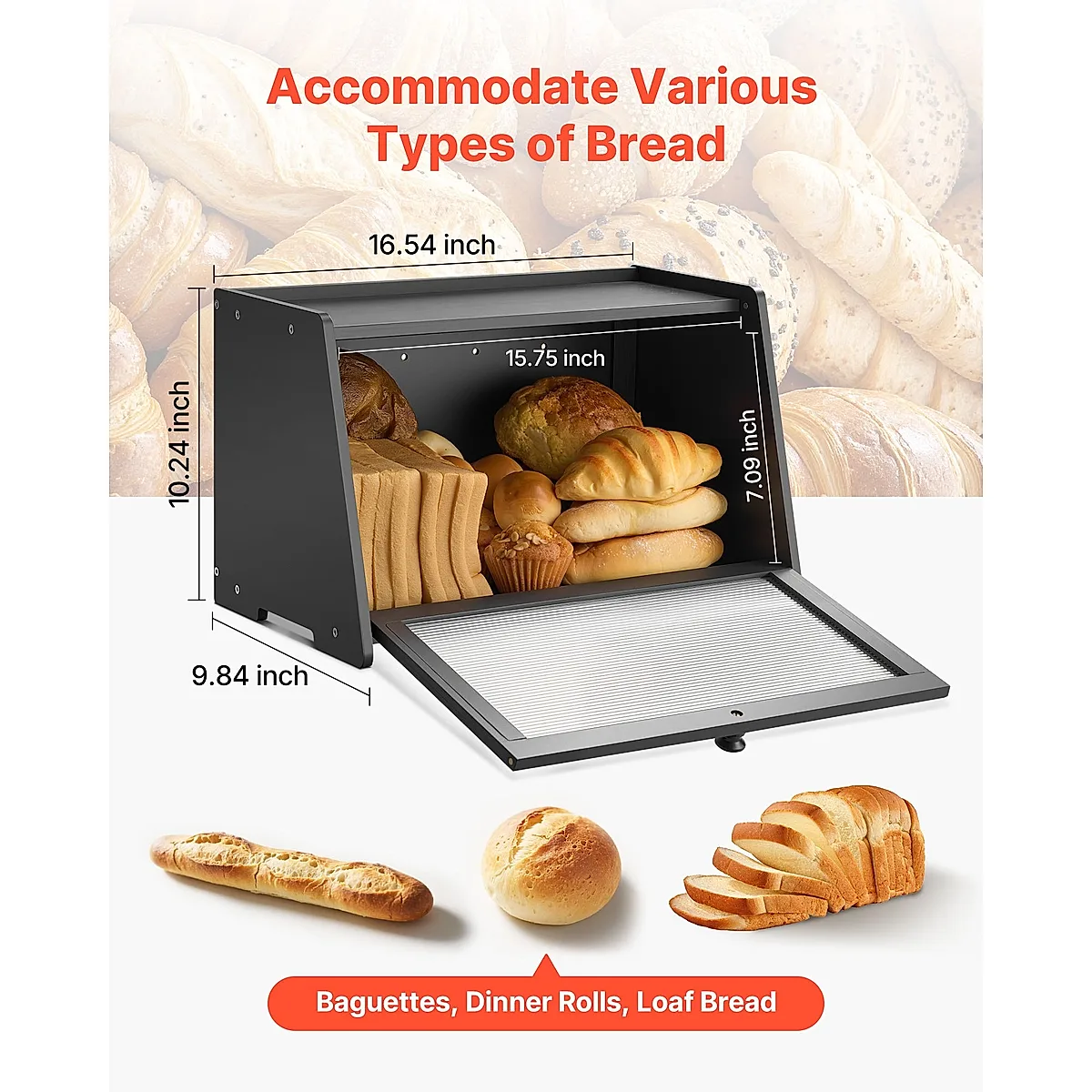 Bread Box For Kitchen Counter Large Capacity Bamboo Storage Container Black - Image 4