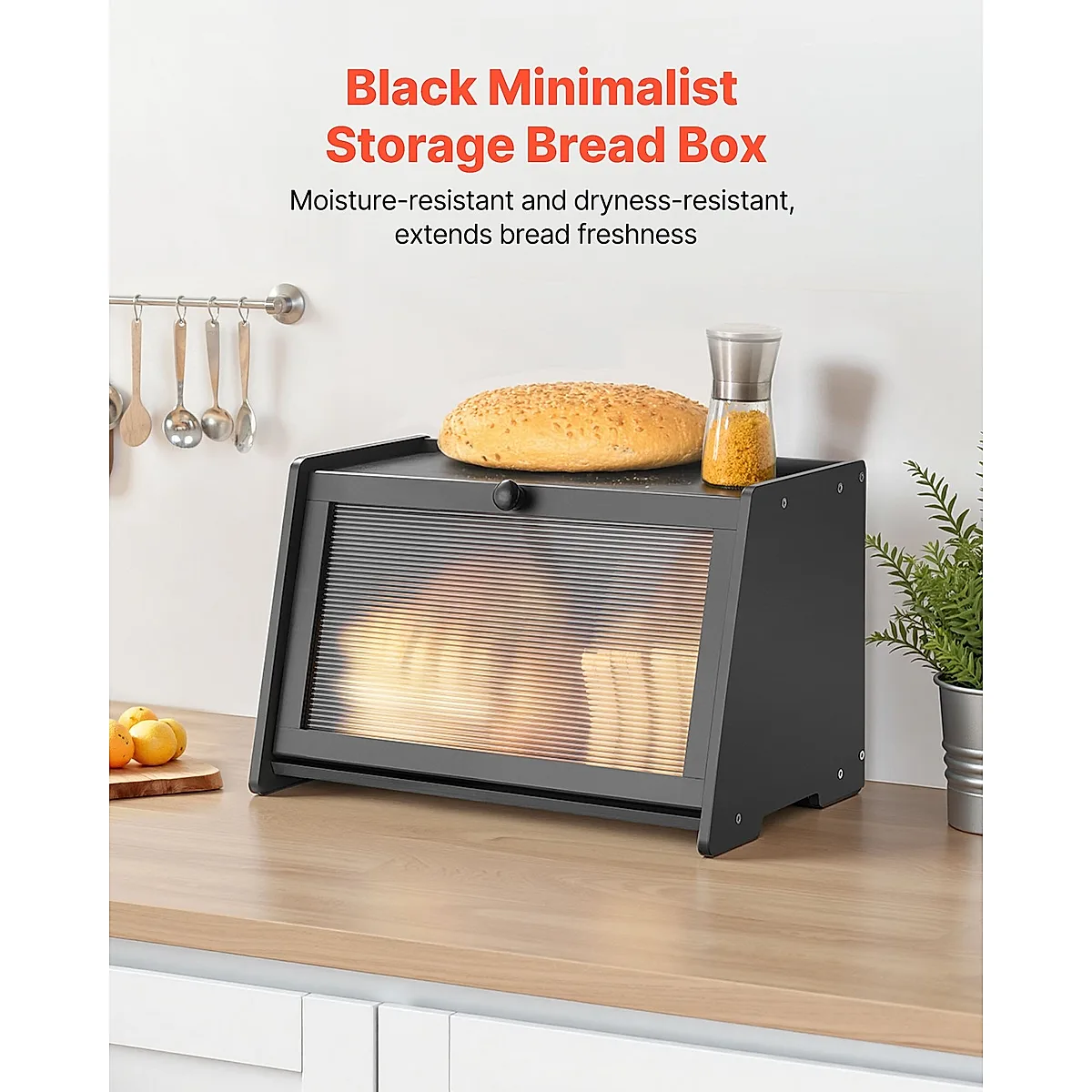 Bread Box For Kitchen Counter Large Capacity Bamboo Storage Container Black - Image 5