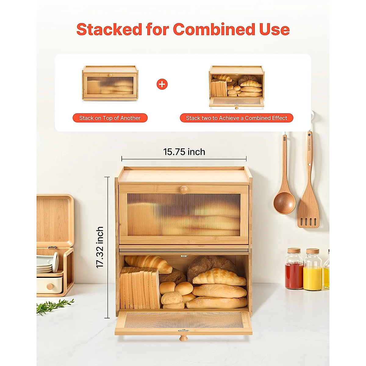Bread Box For Kitchen Counter Large Capacity Bamboo Storage Container Natural - Image 2
