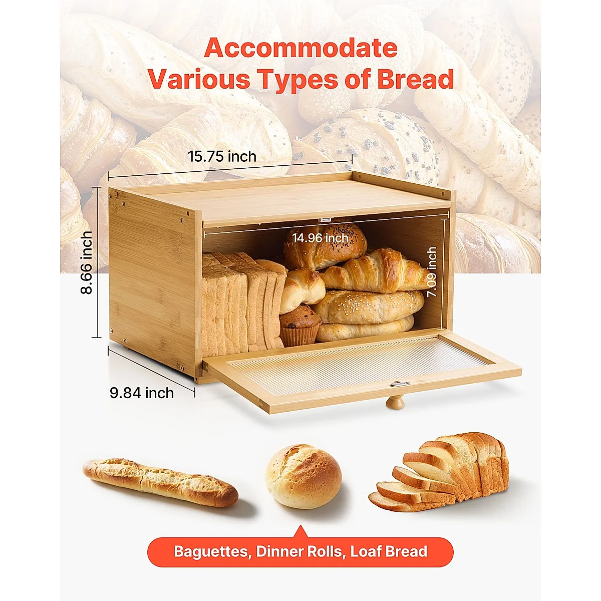 Bread Box For Kitchen Counter Large Capacity Bamboo Storage Container Natural - Image 4