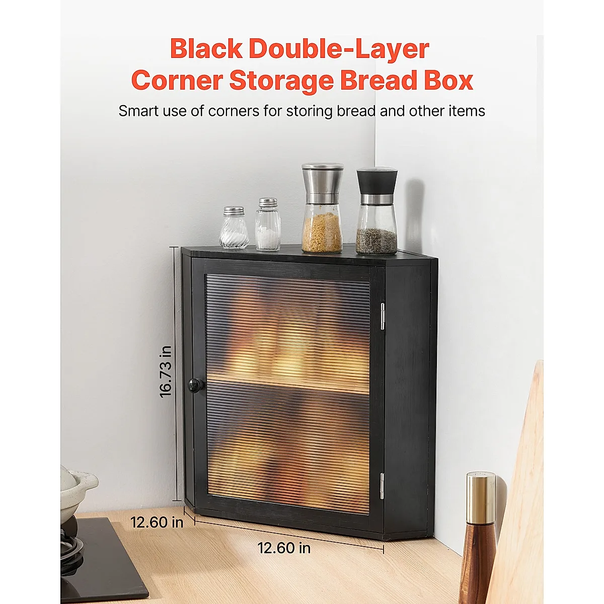 Corner Bread Box For Kitchen Counter Double Layer Bamboo Storage Container Black - Image 2