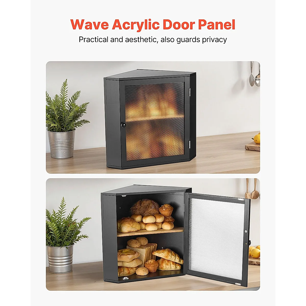 Corner Bread Box For Kitchen Counter Double Layer Bamboo Storage Container Black - Image 4