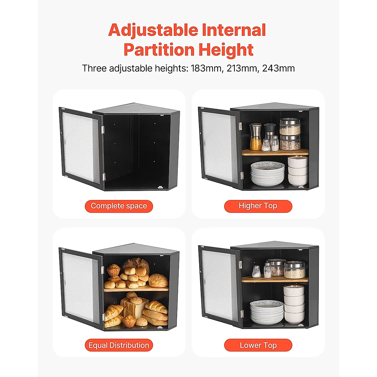 Corner Bread Box For Kitchen Counter Double Layer Bamboo Storage Container Black - Image 5