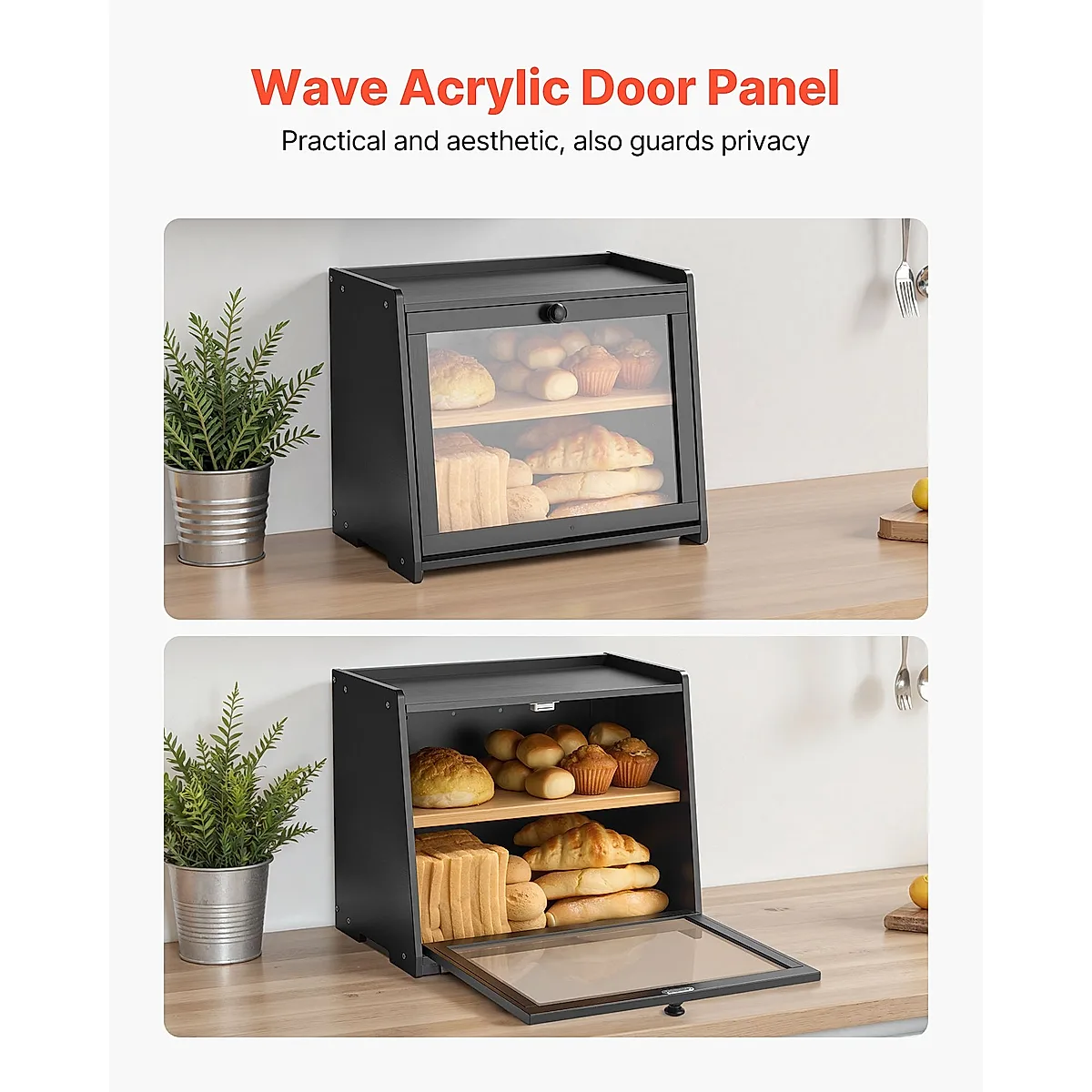 Double Layer Bread Box For Kitchen Counter Bamboo Storage Bread Container Black