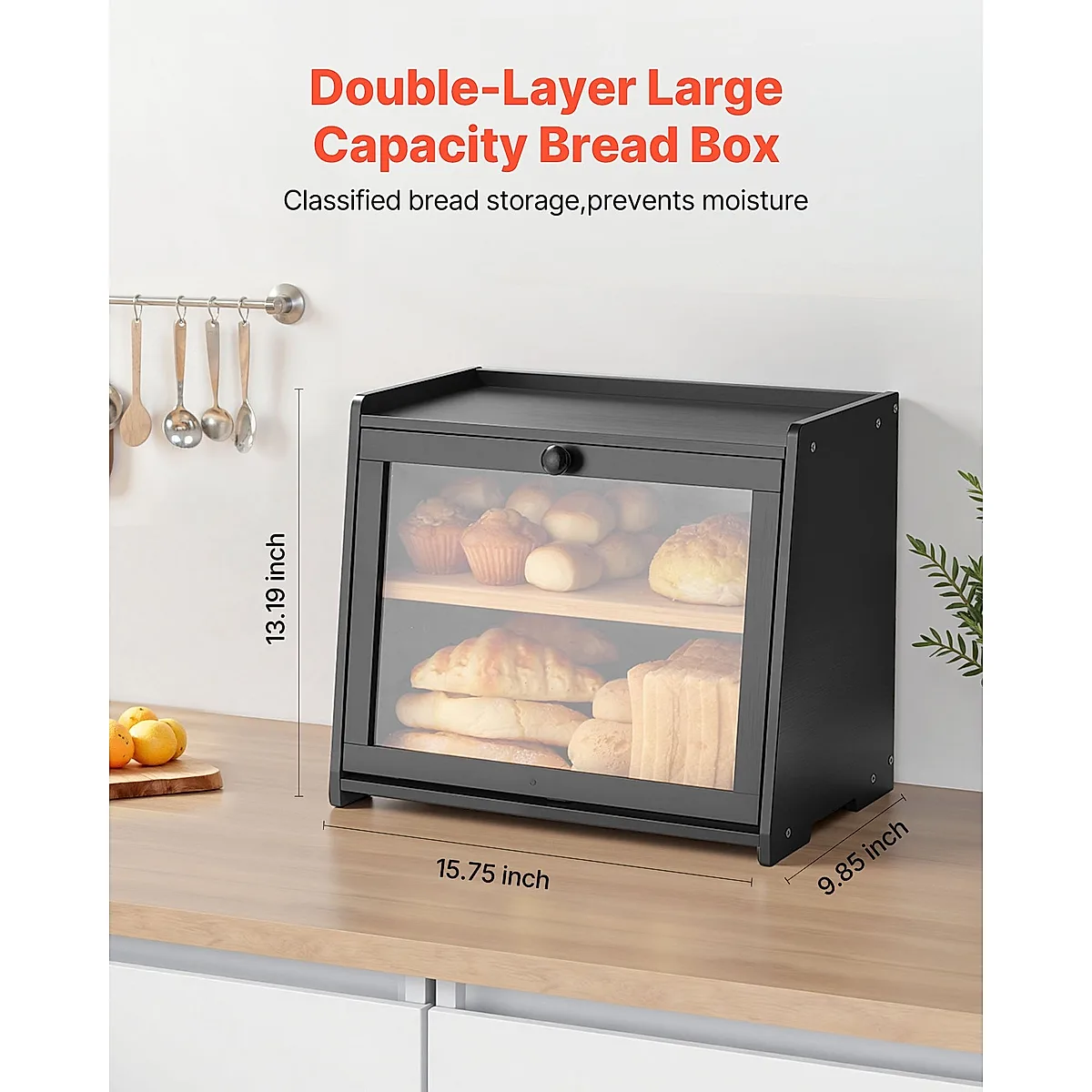 Double Layer Bread Box For Kitchen Counter Bamboo Storage Bread Container Black - Image 2