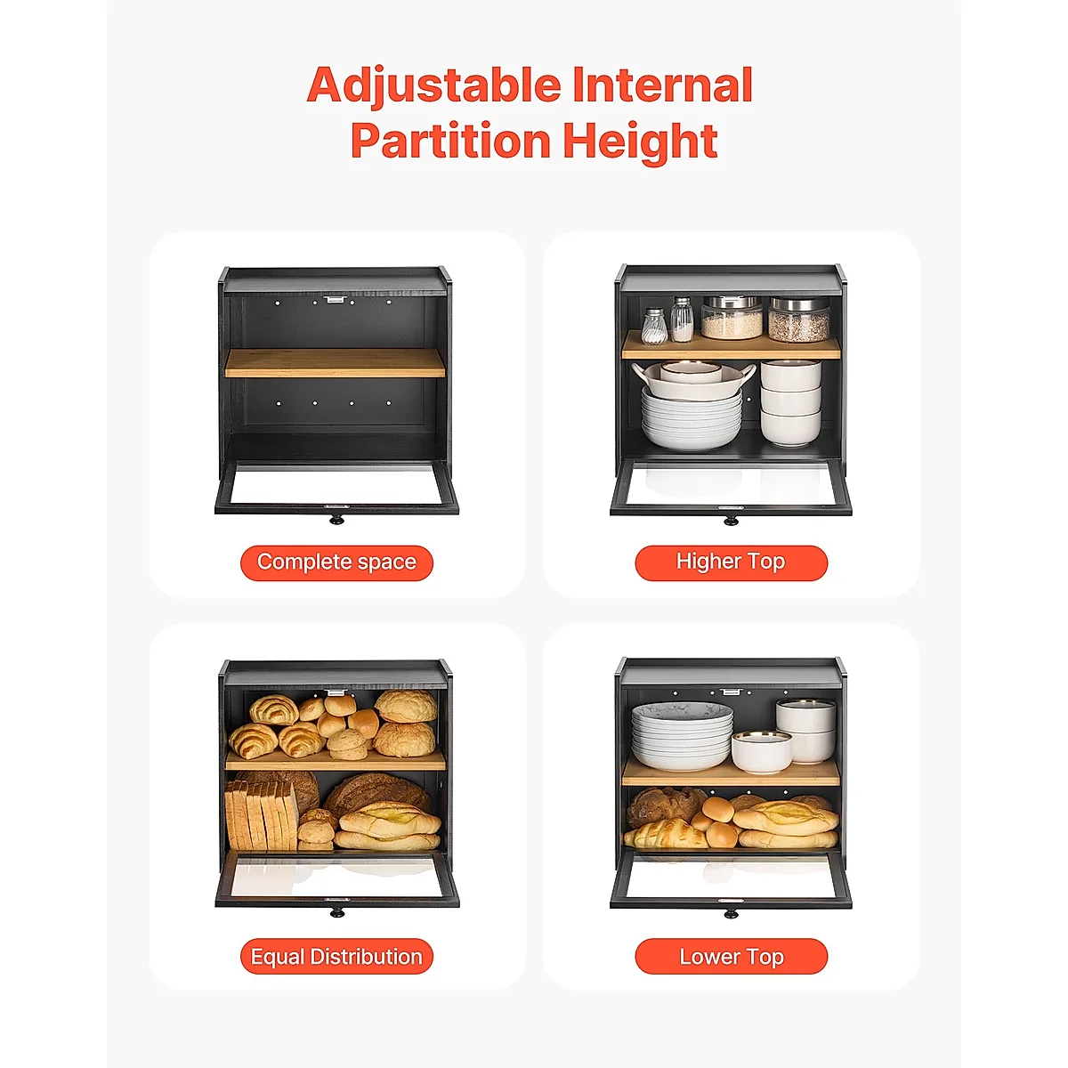 Double Layer Bread Box For Kitchen Counter Bamboo Storage Bread Container Black - Image 4