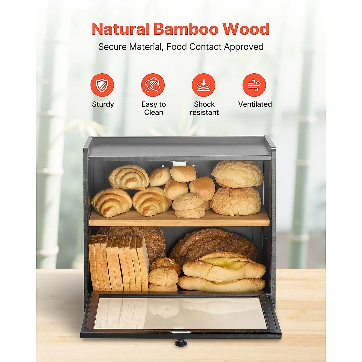 Double Layer Bread Box For Kitchen Counter Bamboo Storage Bread Container Black - Image 5