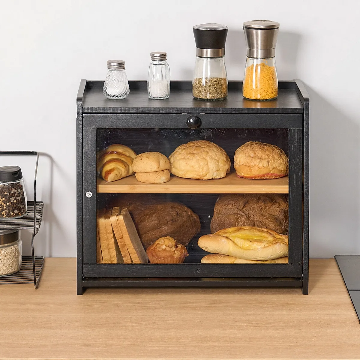 Double Layer Bread Box For Kitchen Counter Bamboo Storage Bread Container Black - Image 6