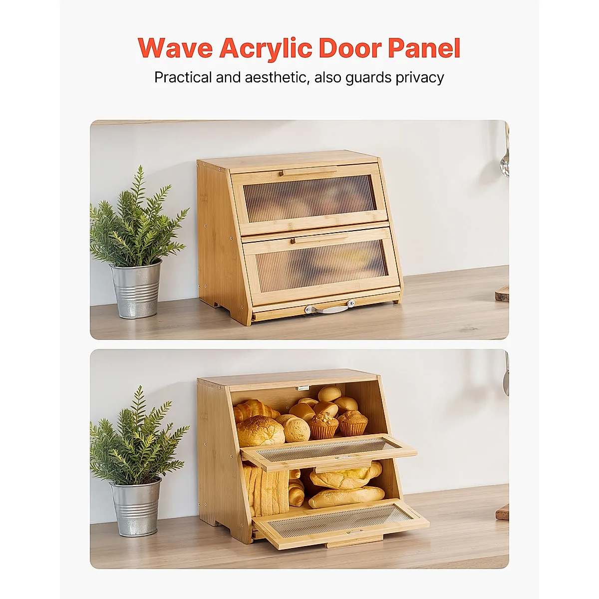 Double Layer Bread Box For Kitchen Counter Bamboo Storage Container Natural