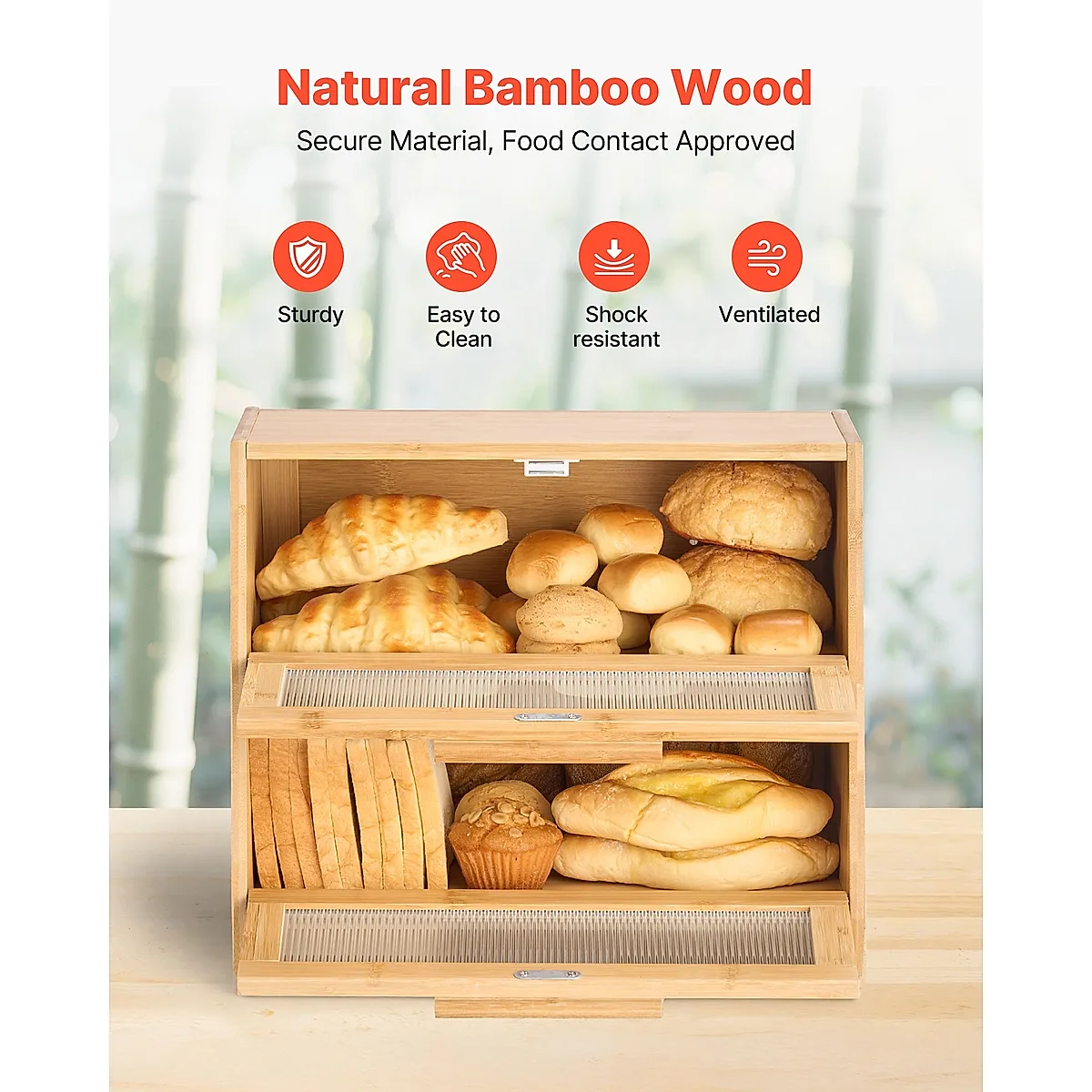 Double Layer Bread Box For Kitchen Counter Bamboo Storage Container Natural - Image 3