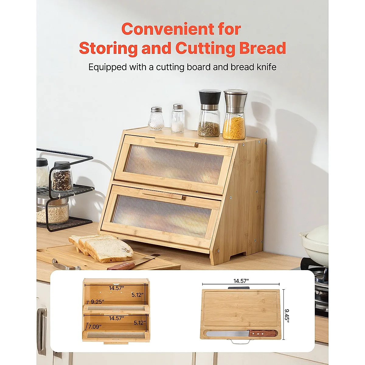 Double Layer Bread Box For Kitchen Counter Bamboo Storage Container Natural - Image 4