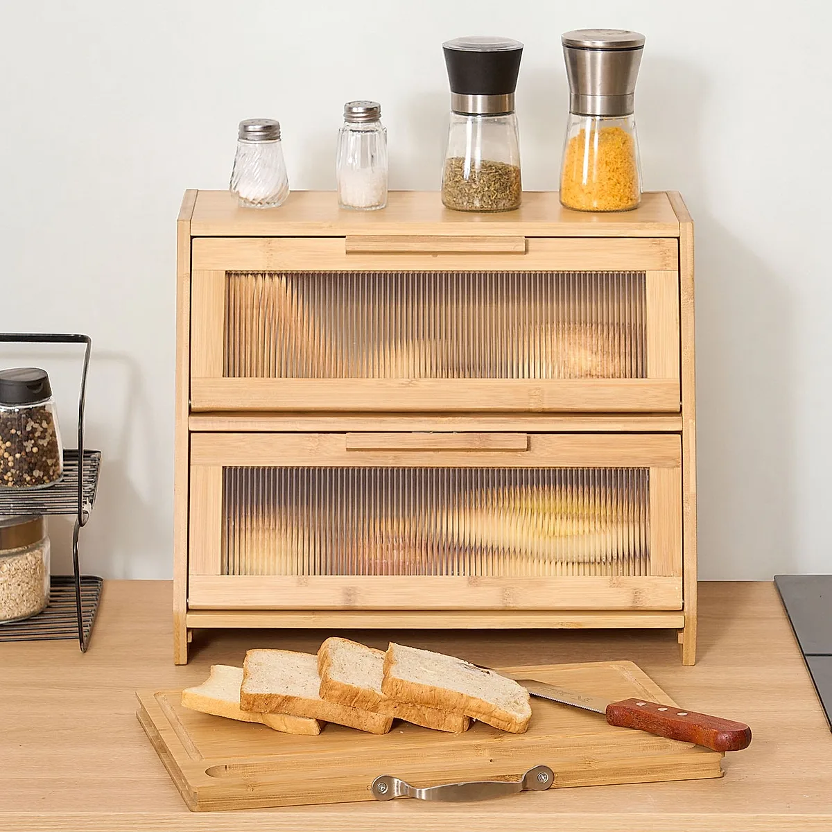 Double Layer Bread Box For Kitchen Counter Bamboo Storage Container Natural - Image 6