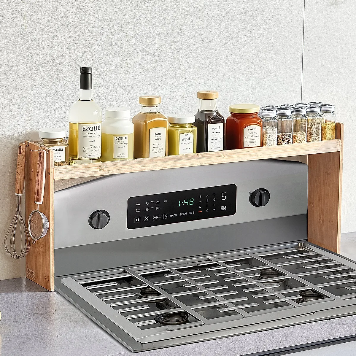 Over The Stove Spice Shelf Spice Rack Kitchen Organizer 32.6x13in Bamboo 6 Hooks - Image 6