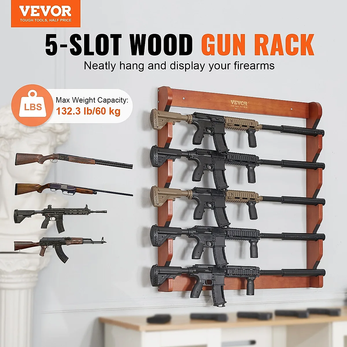 Gun Rack, Wood Gun Rack Wall Mount, Gun Display Rack Holds 5 Rifles, Shotguns, 132 Lb Heavy Duty Wall Storage Display Rifle Rack With Soft Padding - Image 4
