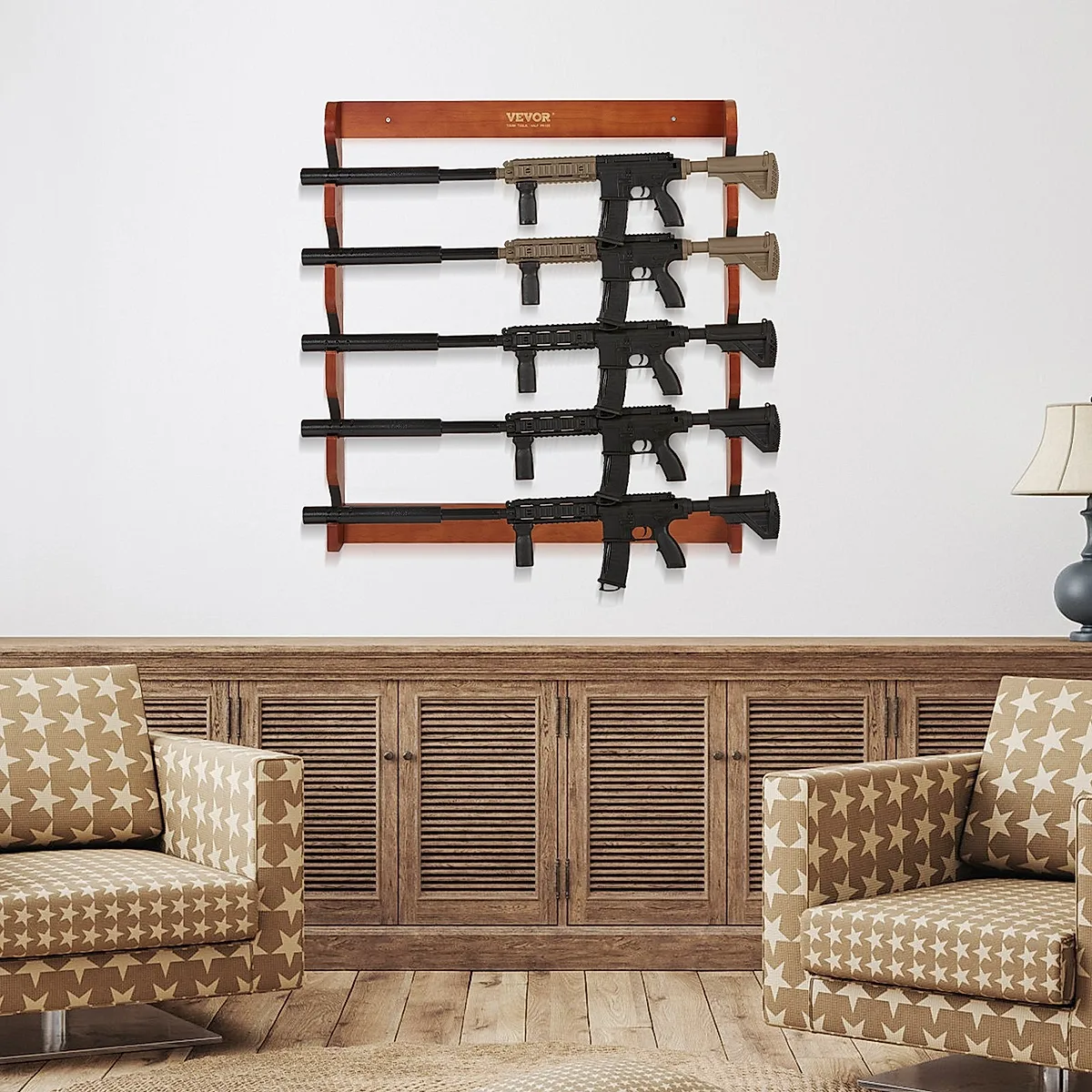 Gun Rack, Wood Gun Rack Wall Mount, Gun Display Rack Holds 5 Rifles, Shotguns, 132 Lb Heavy Duty Wall Storage Display Rifle Rack With Soft Padding - Image 6