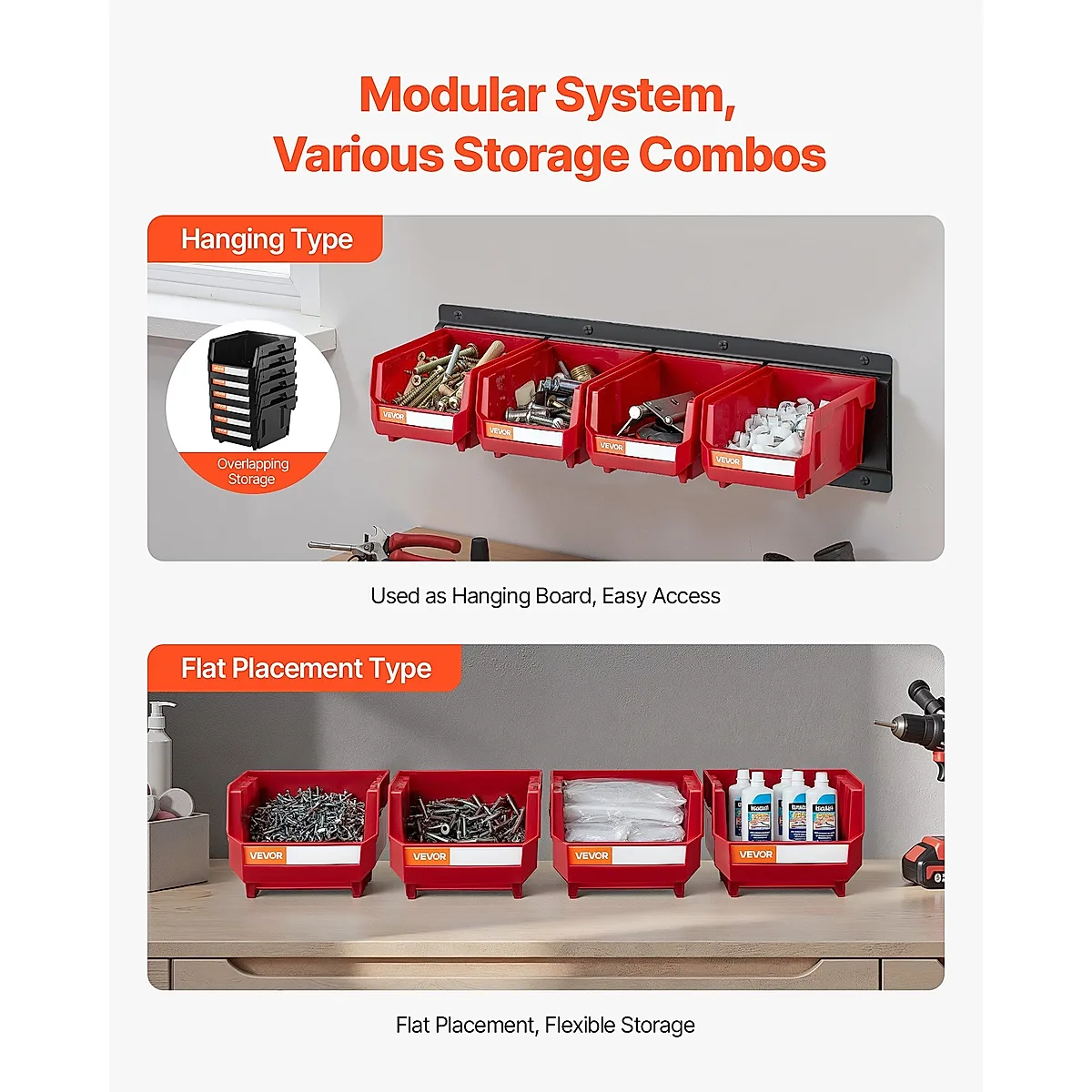Wall Mounted Storage Bins, 12 Plastic Bins & 3 Metal Rails, Plastic Hanging Stackable Storage Bin For Screws, Nuts, Bolts, Nails, Hardware Tool Organizer For Workshop, Craft Room, Garage, Red - Image 3