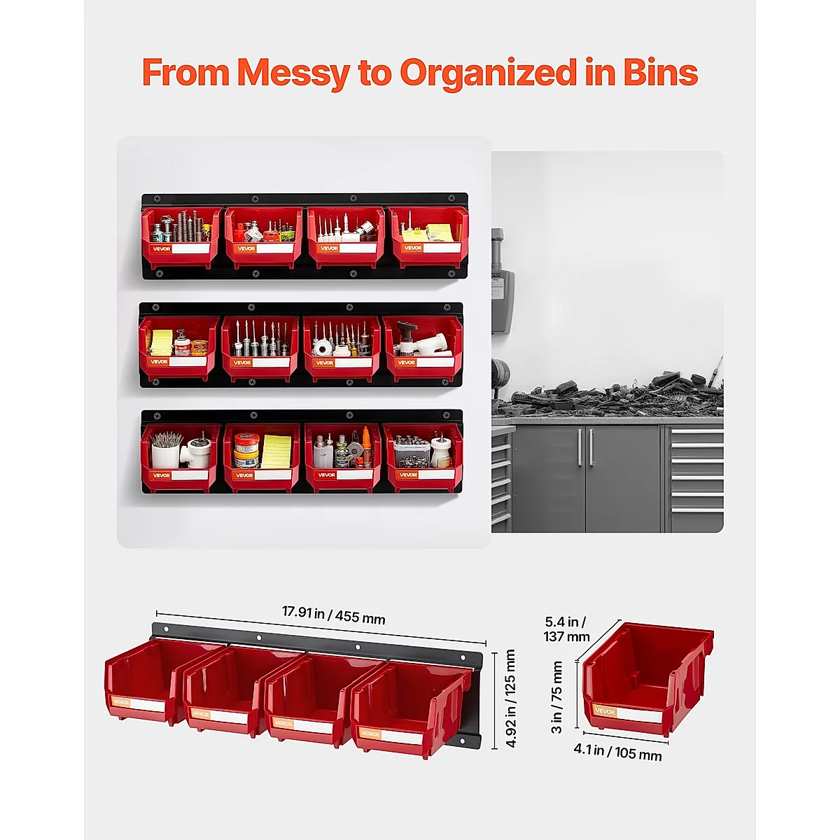 Wall Mounted Storage Bins, 12 Plastic Bins & 3 Metal Rails, Plastic Hanging Stackable Storage Bin For Screws, Nuts, Bolts, Nails, Hardware Tool Organizer For Workshop, Craft Room, Garage, Red - Image 5