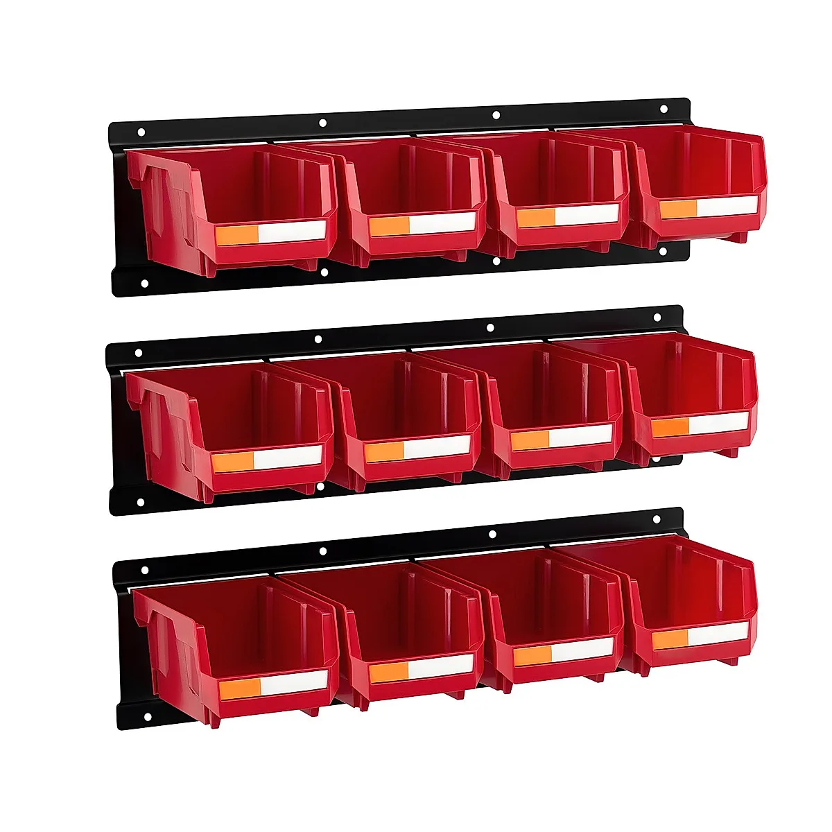 Wall Mounted Storage Bins, 12 Plastic Bins & 3 Metal Rails, Plastic Hanging Stackable Storage Bin For Screws, Nuts, Bolts, Nails, Hardware Tool Organizer For Workshop, Craft Room, Garage, Red - Image 6