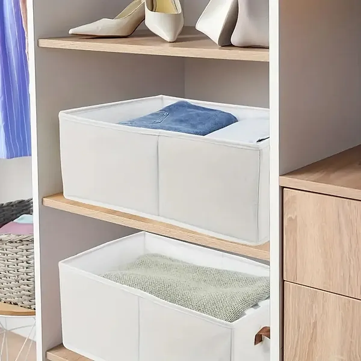 Portable Clothes Storage Box Foldable Thick Cloth Storage And Storage Bag For Organizing Bedroom Wardrobe Clothes With Window Storage Nano White And Linen Model.