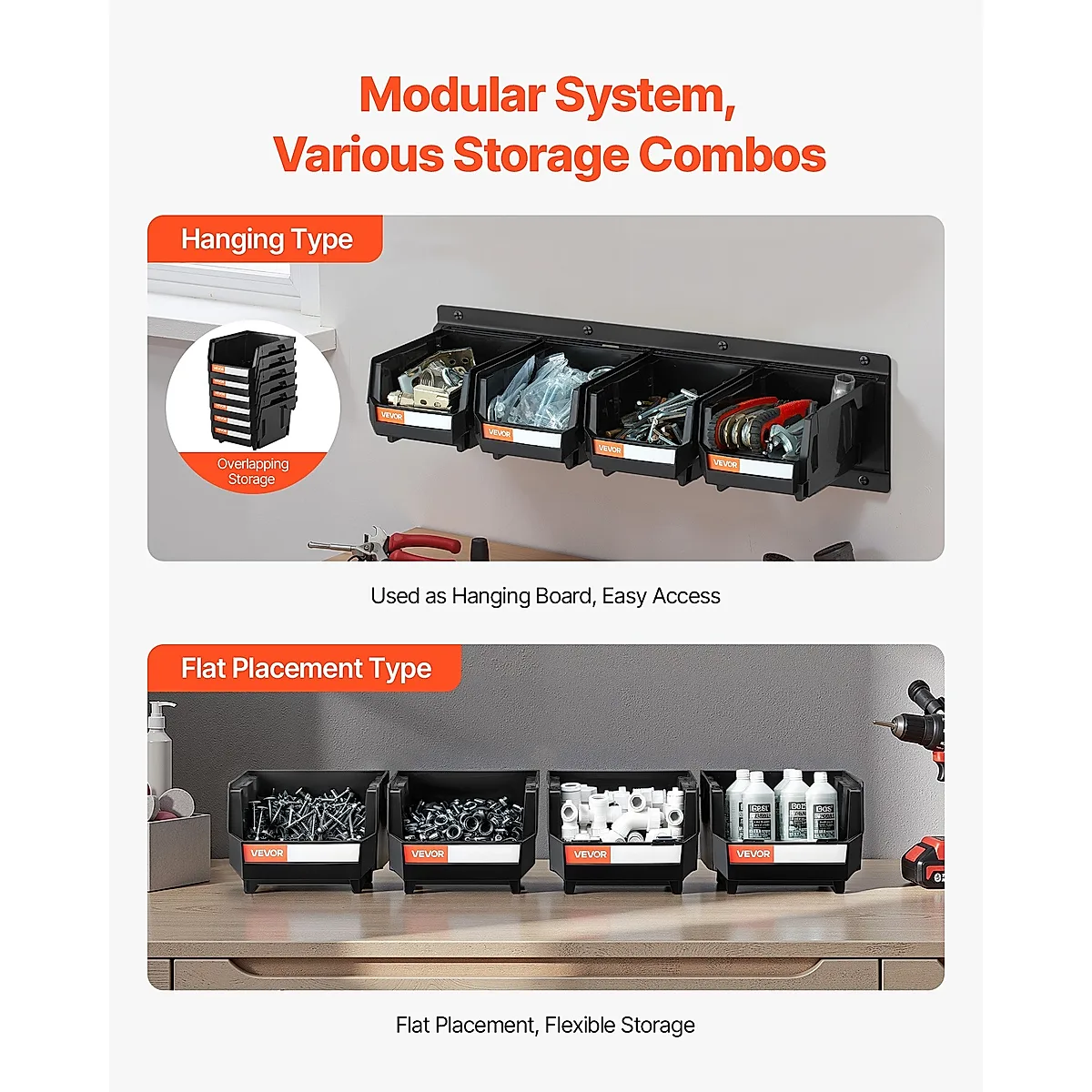Wall Mounted Storage Bins, 12 Plastic Bins & 3 Metal Rails, Plastic Hanging Stackable Storage Bin For Screws, Nuts, Bolts, Nails, Hardware Tool Organizer For Workshop, Craft Room, Garage, Black - Image 2