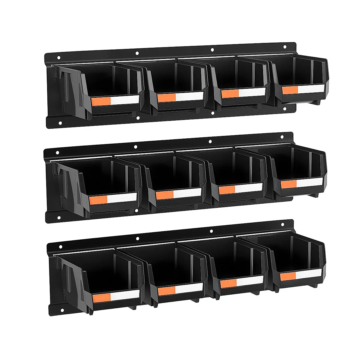 Wall Mounted Storage Bins, 12 Plastic Bins & 3 Metal Rails, Plastic Hanging Stackable Storage Bin For Screws, Nuts, Bolts, Nails, Hardware Tool Organizer For Workshop, Craft Room, Garage, Black - Image 3