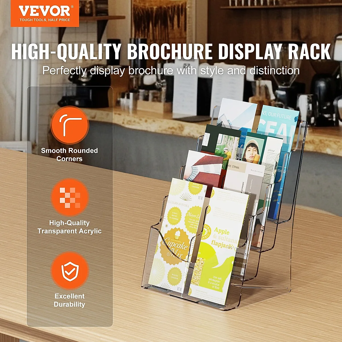 Acrylic Brochure Holder 8.5 X 11 Inch, 4-Tier Clear Acrylic Literature Display Stand, Plastic Literature Organizer Flyer Stand & Removable Divider For Office Exhibition, Countertop Or Wall Mount