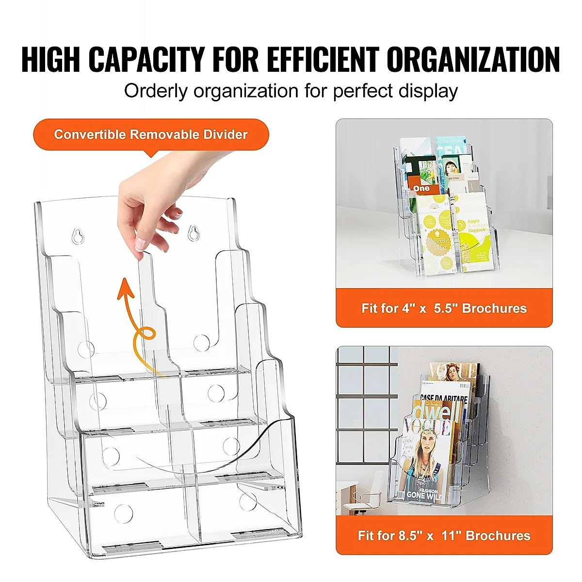 Acrylic Brochure Holder 8.5 X 11 Inch, 4-Tier Clear Acrylic Literature Display Stand, Plastic Literature Organizer Flyer Stand & Removable Divider For Office Exhibition, Countertop Or Wall Mount - Image 3