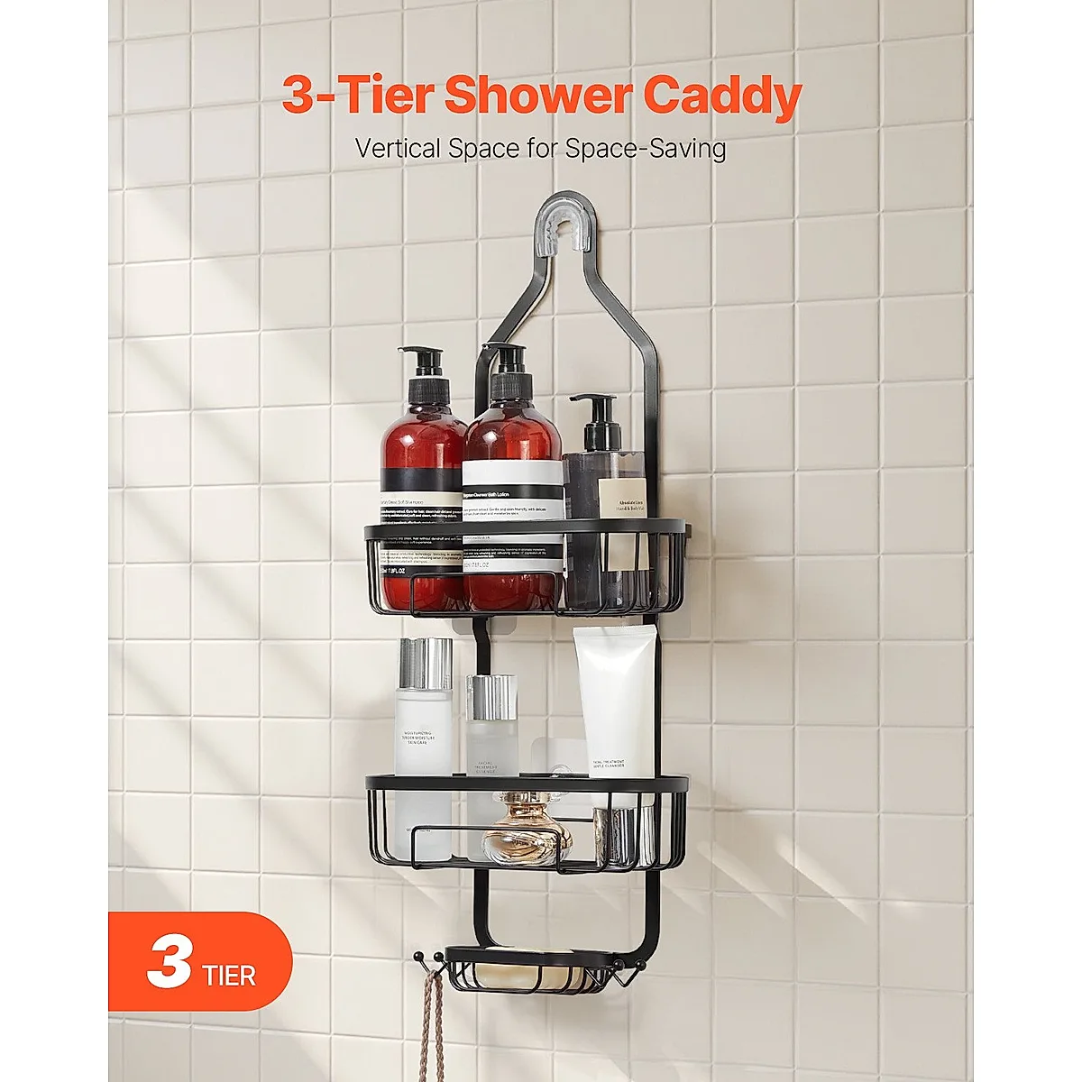 Shower Caddy, 3-Tier Hanging Bathroom Shower Storage Organization Shelves Rack Set, With Soap Holder And Hooks For Towels, Sponge, 40 Lbs Large Weight Capacity, Fits Shower Head, Matte Black - Image 5