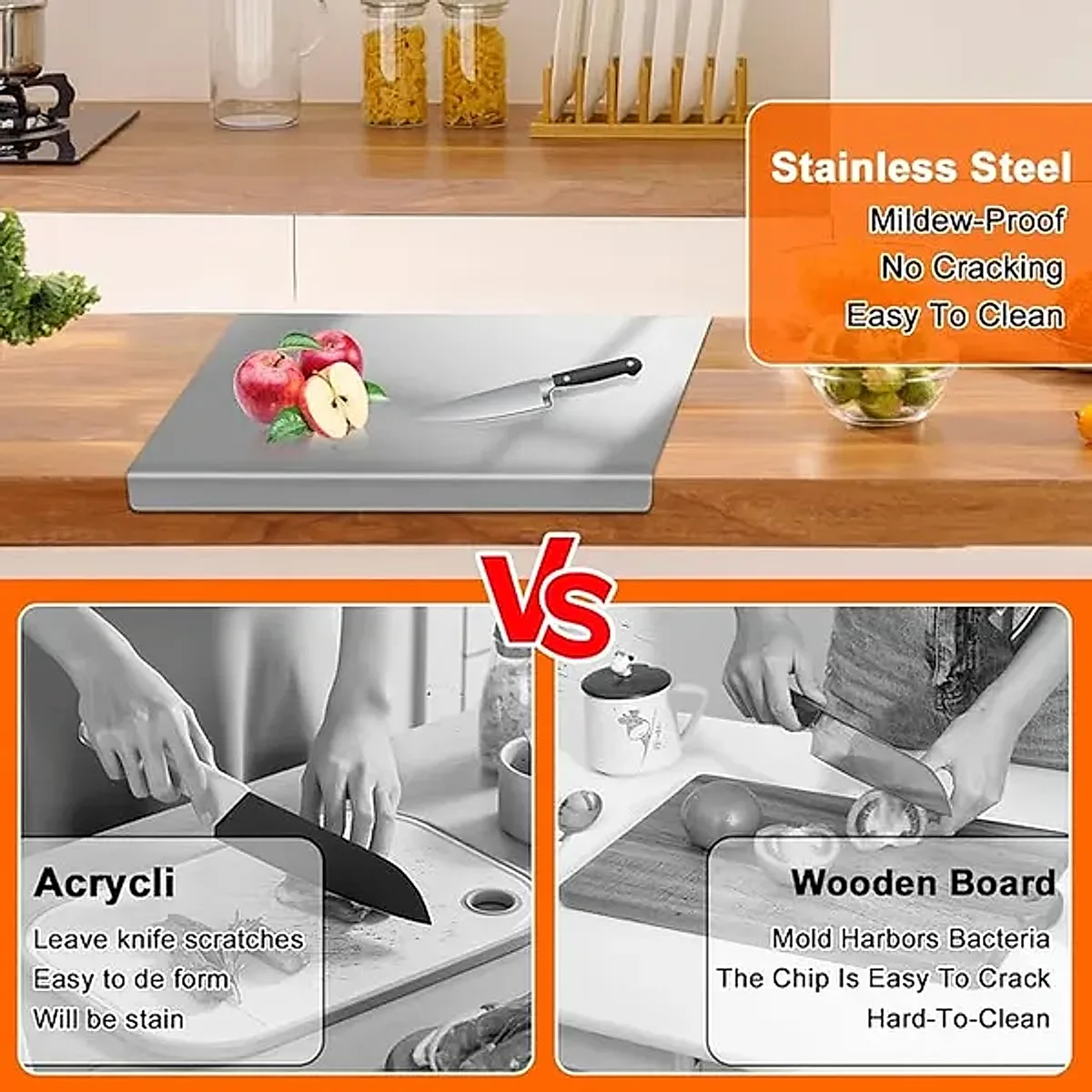 Stainless Steel Cutting Board With Lip For Kitchen Chopping Boards For Countertop Large Metal Cutting Board Over Sink Suitable For Meat Fruits Vegetables Bread Noodle And Pizza Bamboo Knives - Image 2