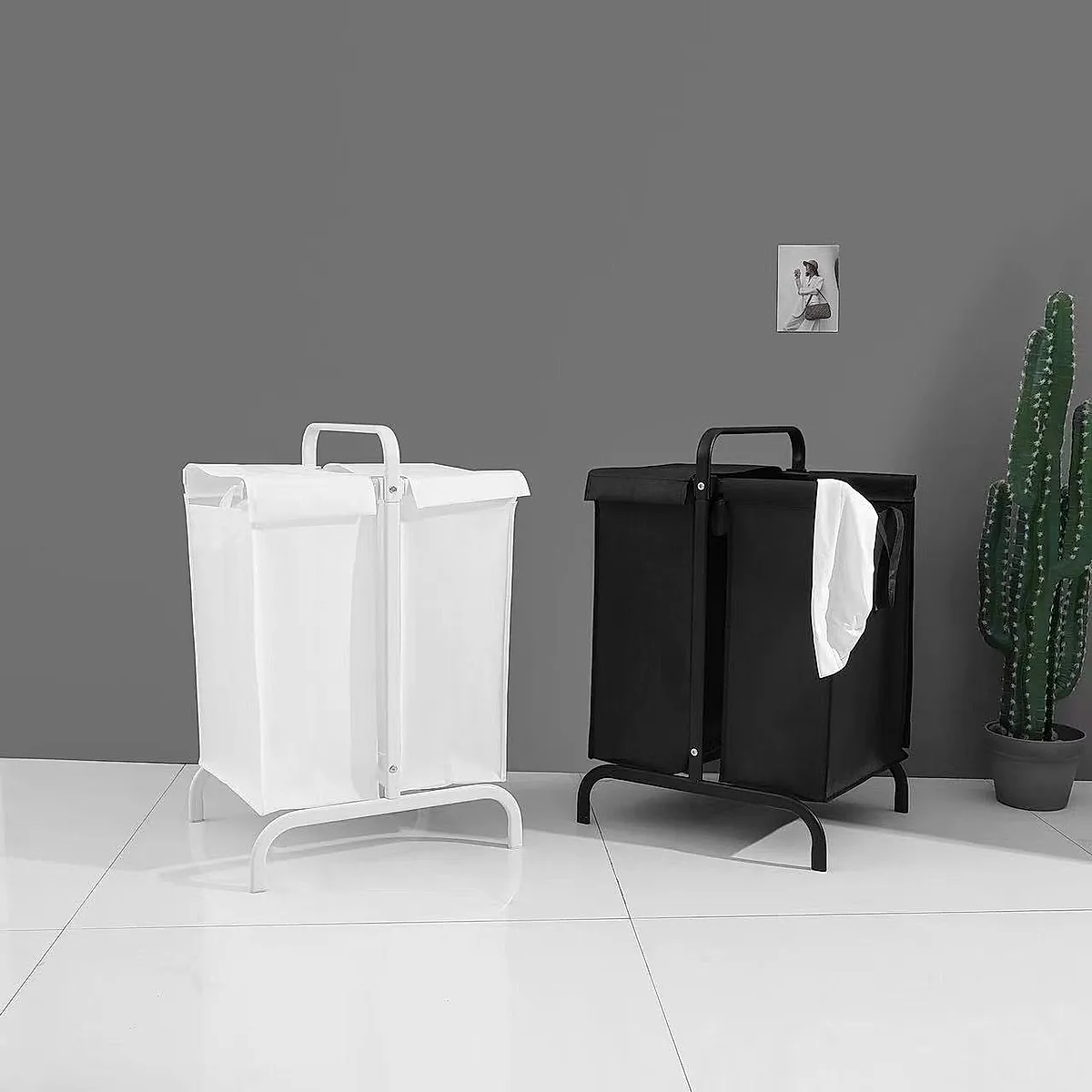 2-Tier Laundry Hamper 110L Large Oxford Clothes Basket Sorter With, Lid And Sorting Cards For Clothes & Toys Storage,Black - Image 2