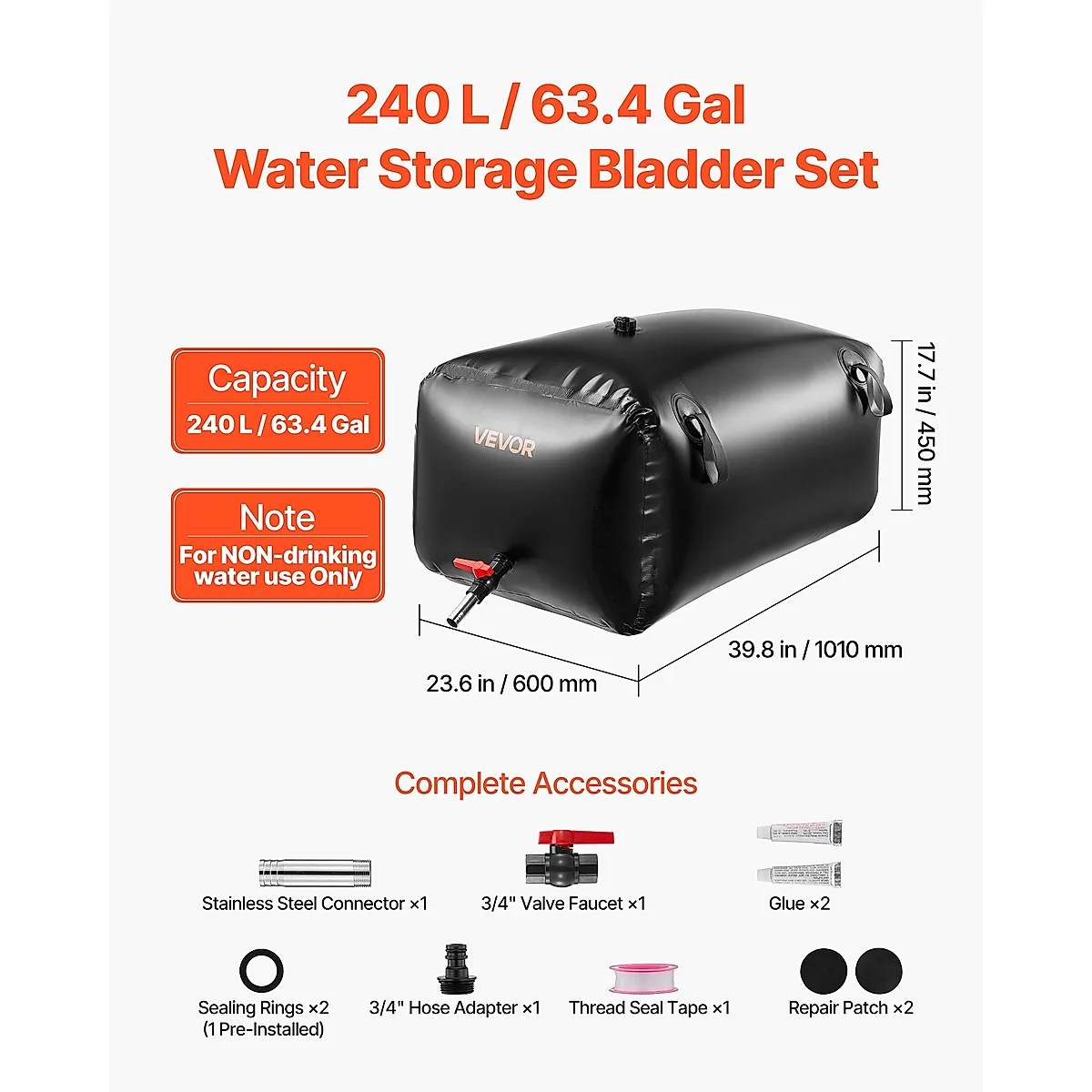 Water Storage Bladder, 63.4 Gal Collapsible Water Storage Bag, Wear-Resistant 1000D PVC Soft Waters Bag, Leakproof Camping Tank Containers For Garden Irrigation RV Emergency Use, Black - Image 3