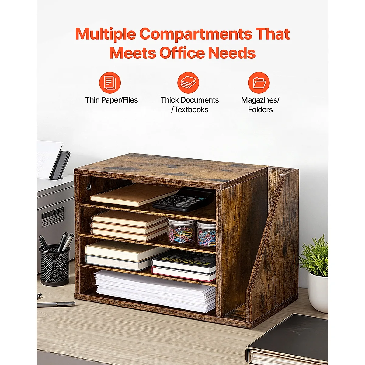 Literature Organizer, 4 Compartments Office Mailbox With Detachable Shelves, Wooden Mailbox Sorter With Side Vertical Storage, Countertop Office Home Organizer For File, Document, Paper, Brown - Image 2