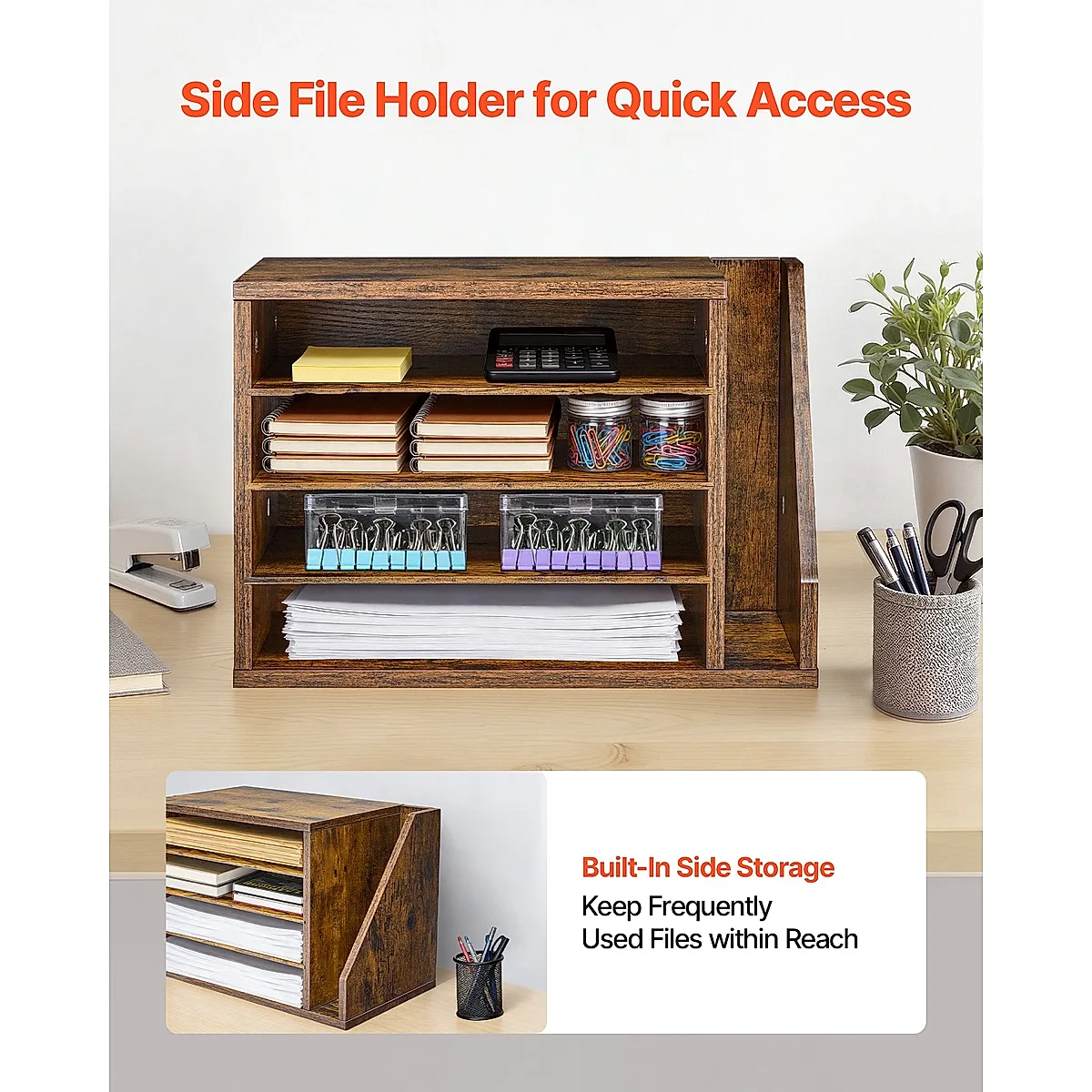 Literature Organizer, 4 Compartments Office Mailbox With Detachable Shelves, Wooden Mailbox Sorter With Side Vertical Storage, Countertop Office Home Organizer For File, Document, Paper, Brown - Image 3